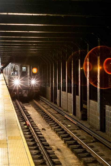 Train Approaching In The Subway Station In Manhattan Stock Photo