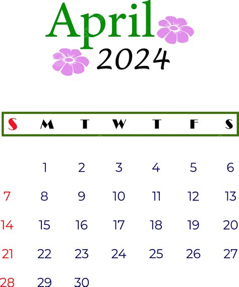 Diseño De Plantilla De Calendario Mensual De Abril De 2024 Vector Png