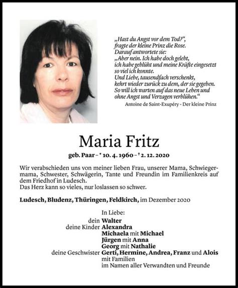 Todesanzeigen Von Maria Fritz Todesanzeigen Vorarlberger Nachrichten