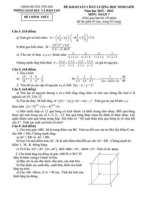 Đề KSCL học sinh giỏi Toán 7 năm 2022 2023 phòng GD ĐT Yên Mô Ninh