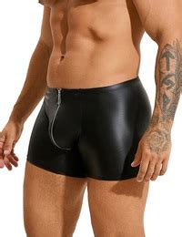 Provocative Mens Black Faux Leather Zipper Shorts Lingerie Fire
