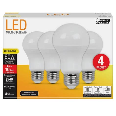 Feit Electric 60 Watt Equivalent Soft White A19 Non Dimmable Led Light Bulb 4 Pack Walmart