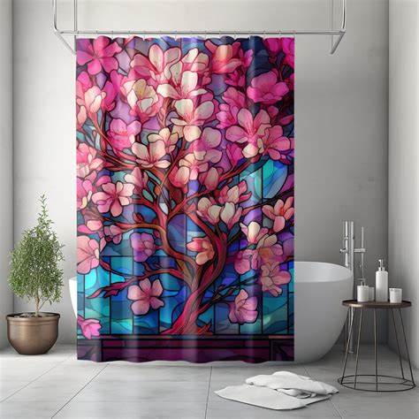 Stained Glass Cherry Blossom Shower Curtains Vibrant Colorful Cherry