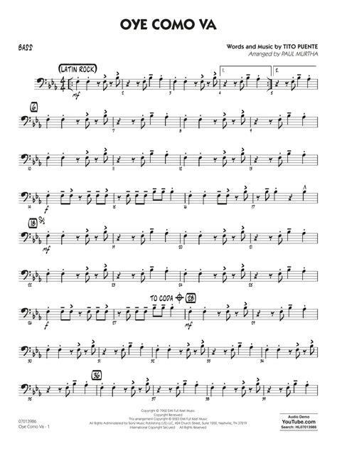 Oye Como Va Arr Paul Murtha Bass By Tito Puente Sheet Music For