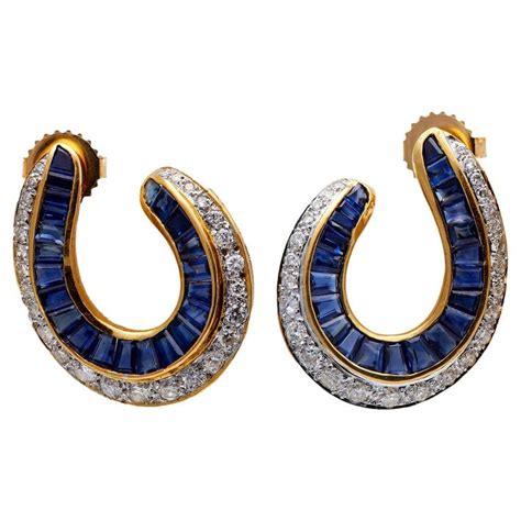 Vintage Sapphire Diamond 18k Yellow Gold Hoop Earrings For Sale At 1stdibs