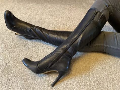 Dune Black Leather Knee High Stiletto Boots Size Eur Us