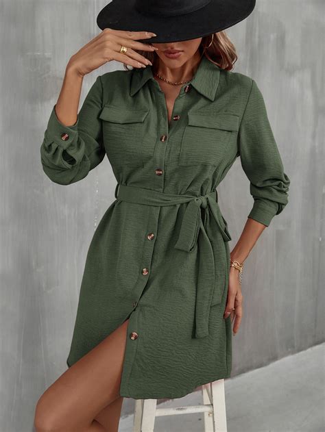 Shein Lune Flap Pocket Belted Shirt Dress Shein Uk