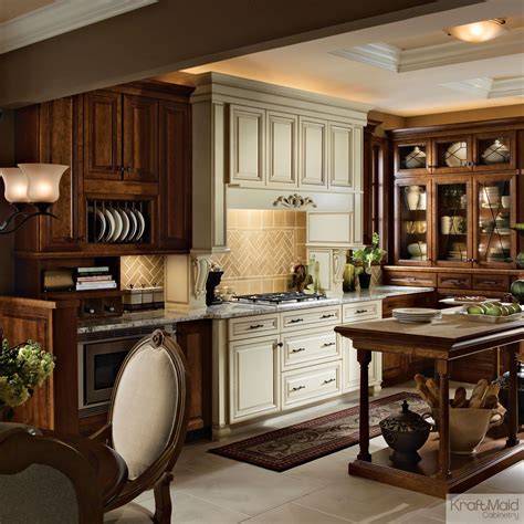 A Traditional Kraftmaid Kitchen Featuring Chocolate Stain And Canvas