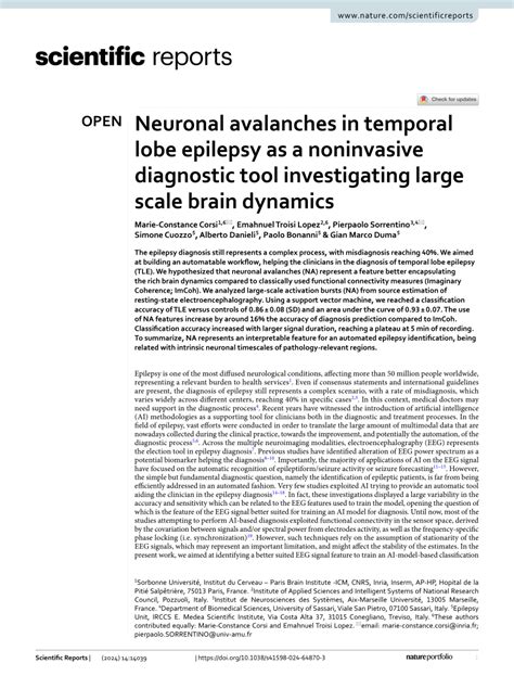 PDF Neuronal Avalanches In Temporal Lobe Epilepsy As A Noninvasive