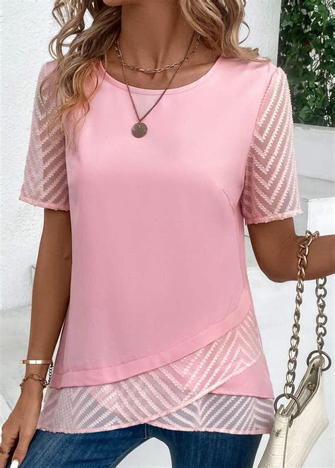 Rotita Cross Hem Pink Round Neck T Shirt Rotita Usd