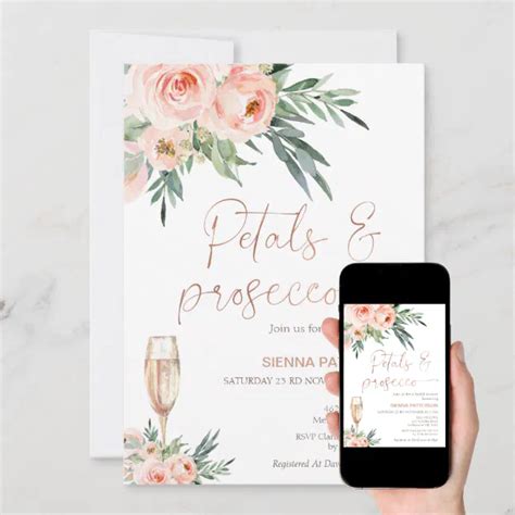 Roses Foliage Petals And Prosecco Bridal Shower Invitation Zazzle