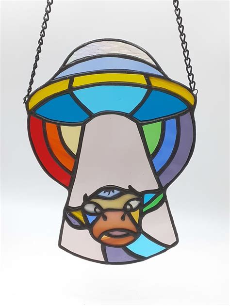 Ufo Dreamcatcher Stained Glass Rainbow Alien Cow Ornament Stained