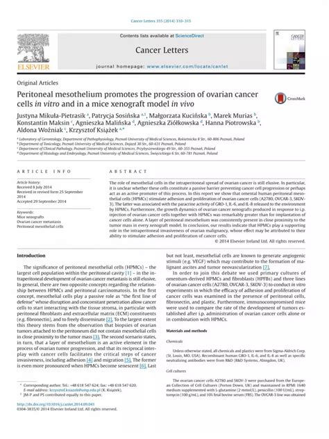 PDF Peritoneal Mesothelium Promotes The Progression Of Ovarian Cancer