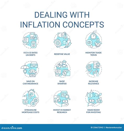 Dealing With Inflation Turquoise Concept Icons Set Stock Vector