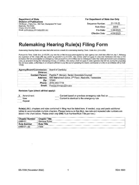 Fillable Online Rulemaking Hearing Ru Le S Filing Form Fax Email Print