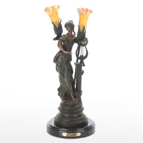 Art Nouveau Bronzed Spelter Figure After A Moreau Harp Girl