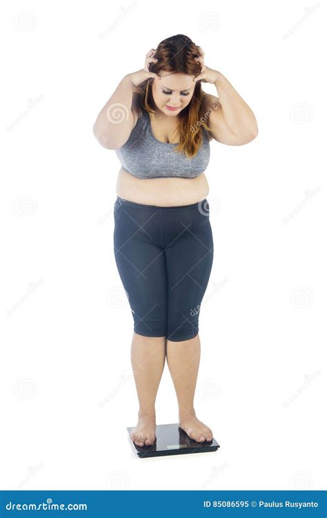 Overweight Woman Shocked With Weight Scale Stock Image Image Of