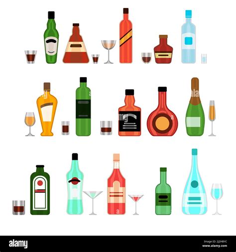 Various Alcohol Bottles With Glasses Cartoon Illustration Set Liquor Wine Beer Soda Whiskey