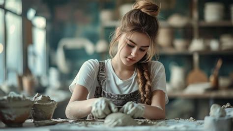 Premium Photo Girl Kneading Clay In Pottery Workshop