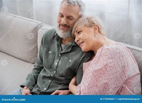 Mature Woman Leaning On Pleased Bearded Stock Image Image Of Casual Positive