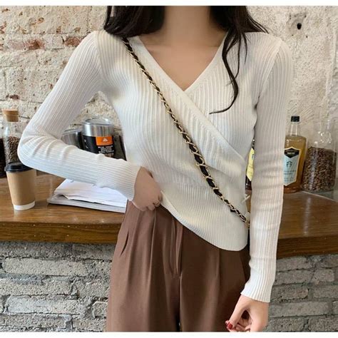 V Neck Knitted Long Sleeve Womens Fashion Tops Longsleeves On Carousell