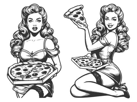 Woman Eats Pizza Engraving Royalty Free Vector Image