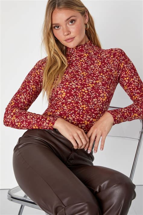 Burgundy Floral Print Top Floral Mock Neck Top Floral Top Lulus