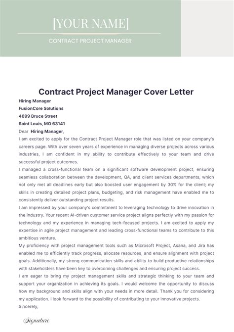Free Contract Project Manager Cover Letter Template To Edit Online