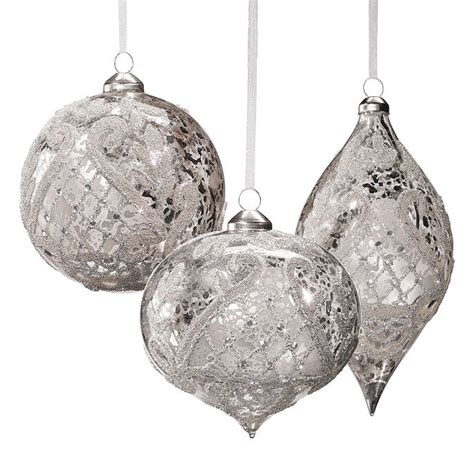 Set Of Six Silver Vintage Glass Ornaments With Glitter Frontgate