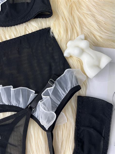 New See Through Mesh Splicing Maid Costume Cosplay Sexy Lingerie Thong Garter Belt Piece