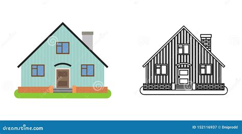 House Front View In Flat And Line Style Stock Vector Illustration Of