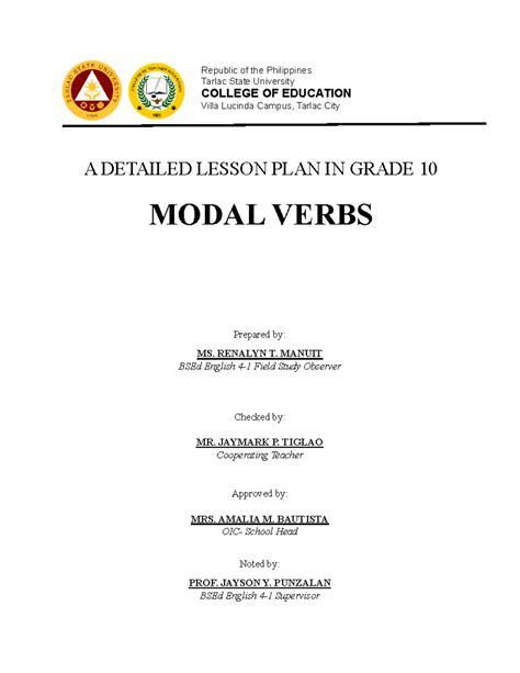 Local Demo Modal Verbs Lesson Plan A Detailed Lesson Plan In Grade 10 Modal Verbs Prepared By