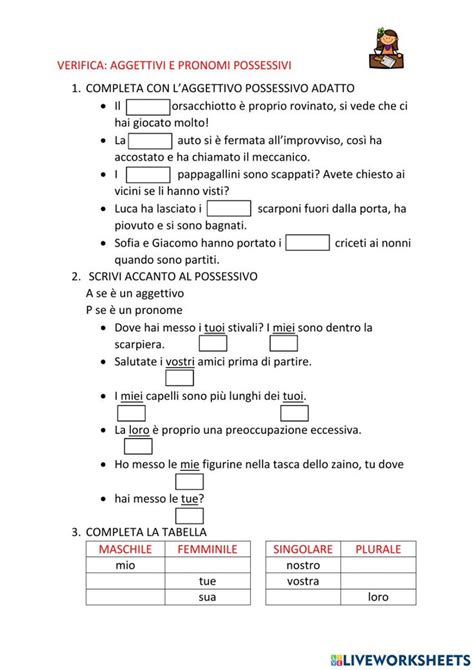 Verifica Aggettivi E Pronomi Possessivi Worksheet Parole Workbook