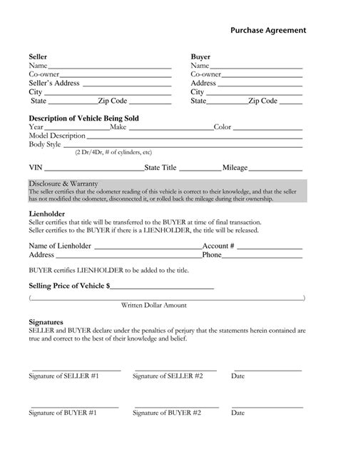 Free Vehicle Purchase Agreement Templates Editable