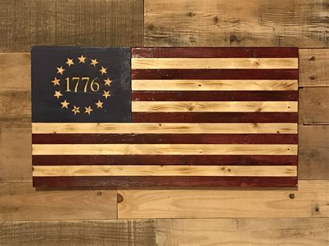 Betsy Ross Rustic Wood Flag With Carved Stars Surrounding The Year 1776