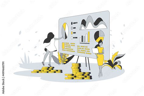 Economic Report Concept In Flat Line Design People Analyzing Financial