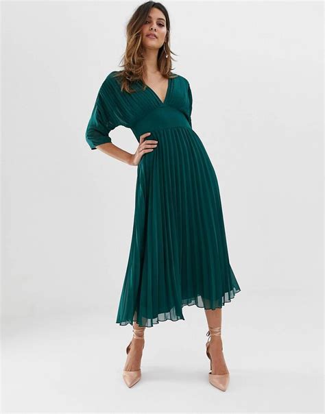 Asos Design Pleated Midi Dress With Batwing Sleeves Asos Pleated Midi Dress Green Midi