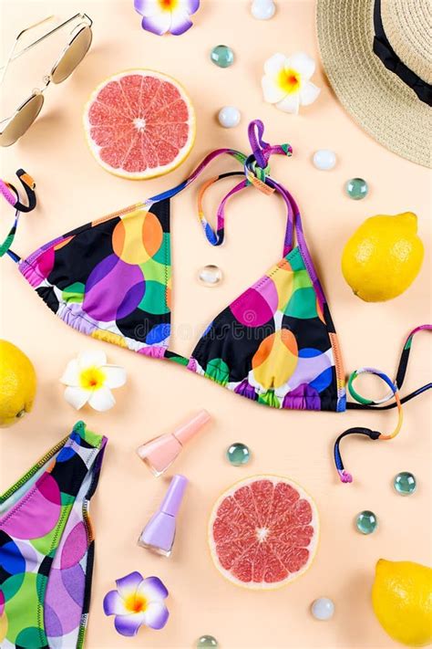 Bikini Swimsuit With Straw Hat Flowers And Fruits Flat Design Summer