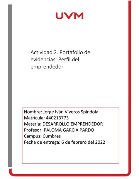 Actividad Portafolio De Evidencias Perfil Del Emprendedor