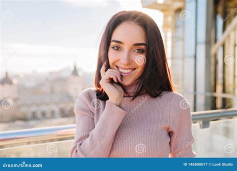 Portrait Joyful Smiled Brunette Young Woman In Sunny Morning Chilling