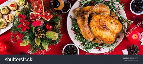 Baked Turkey Christmas Dinner Christmas Table Stock Photo 1225420333