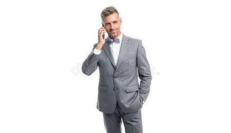 Man In Blue Bow Tie Suit Talk On Phone Isolated On White Stock Image