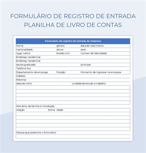 Planilhas Formulário De Registro De Entrada Planilha De Livro De Contas