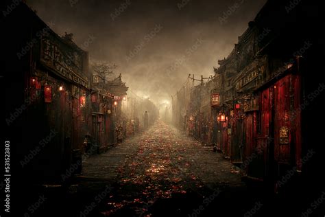 Mysterious Scary Empty Street Of Autumn Asian Old Town D Art Fantasy