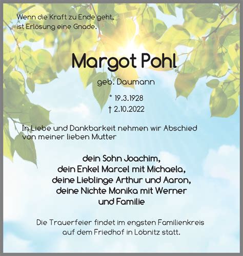 Traueranzeigen Von Margot Pohl Trauer Anzeigen De