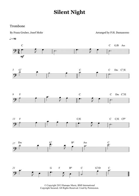 Silent Night Arr Ph Damasceno By Franz Gruber Sheet Music For Trombone Solo At Sheet Music