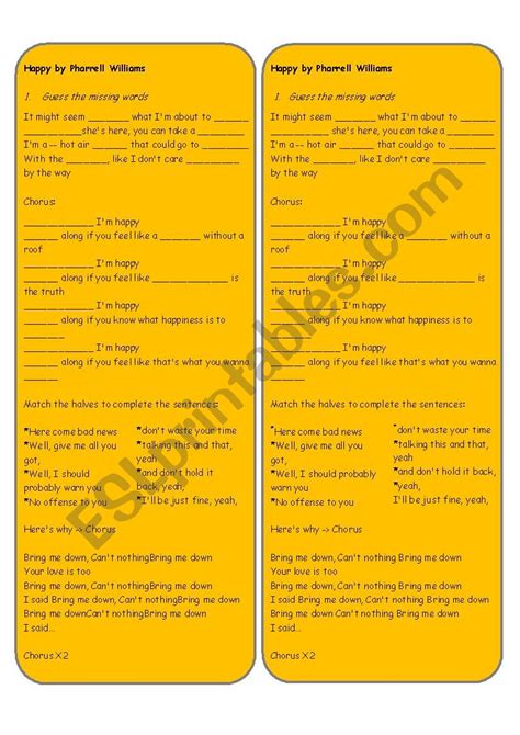 Happy, Song lyrics worksheet. - ESL worksheet by Maleandra