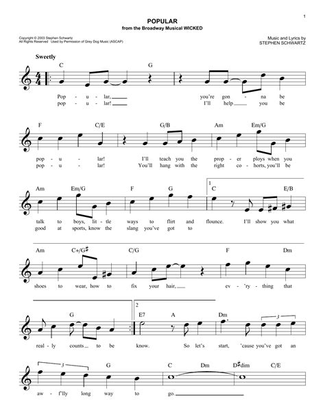 Popular From Wicked By Stephen Schwartz Sheet Music For Easy Lead