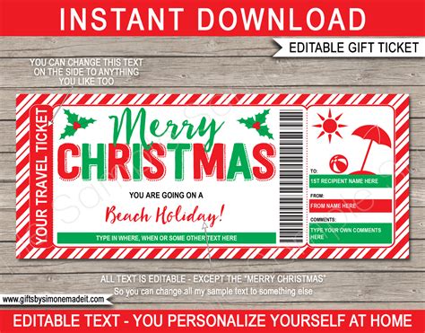 Christmas Beach Trip Ticket Template Surprise Holiday Vacation Reveal