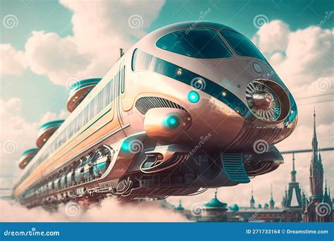 Flying Passenger Train Futuristic Sci Fi City In Clouds Utopia